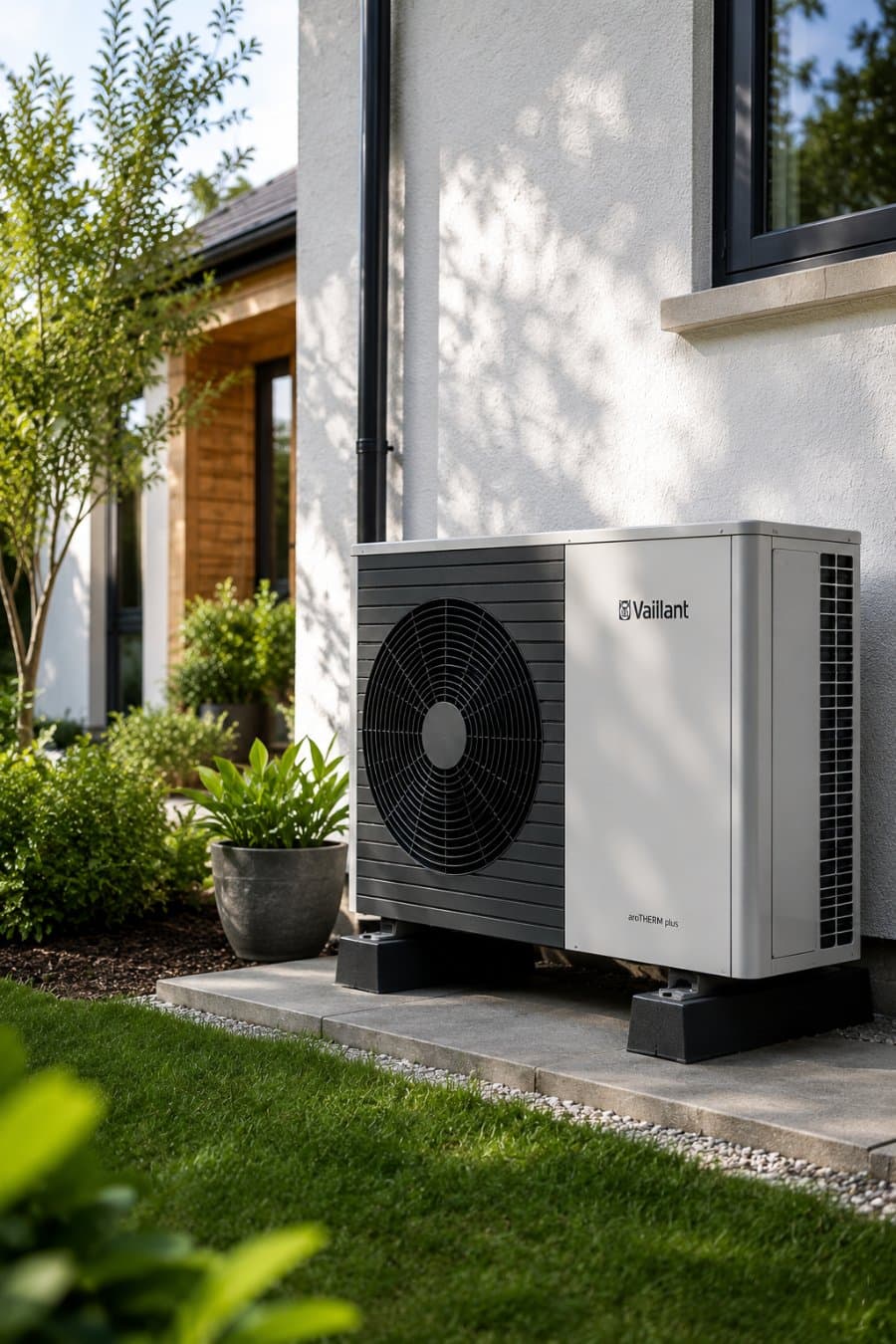 Air source heat pump beside a home